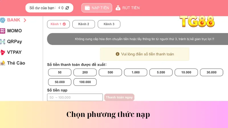Chọn phương thức nạp