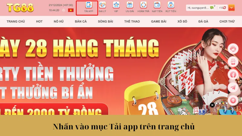 Nhấn vào mục Tải app trên trang chủ