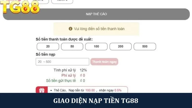 Giao diện nạp tiền nhà cái TG88